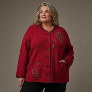 Ruby Rd Wool Boiled Knit Cardigan Jacket Red Studded Embroidered Women's 2X
